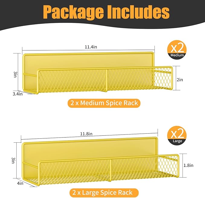 DTUQYX Magnetic Spice Rack for Refrigerator, 4 Pack 100% Metal Strong Magnet Fridge Shelves, Space Saving Spice Organizer, No Drilling Moveable Home Kitchen Laundry Room Storage Organization, Yellow