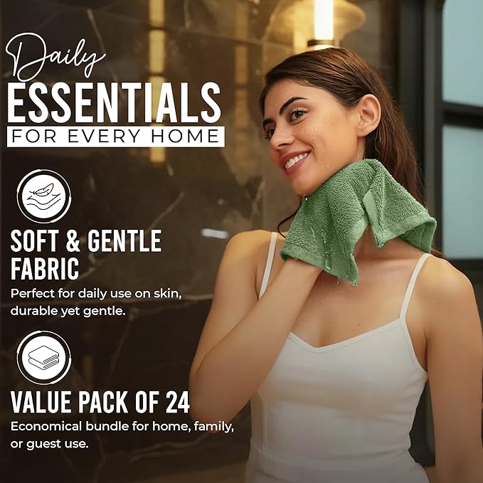 RIVERSIDE Pack of 24 Wash Cloths for Showering, 12 x 12 Inches, Super Soft & Absorbent, 100% Cotton Washcloths Premium Quality Flannel Face Cloths for Bathroom, Gym, Spa (Sage Green, 24 Pack)
