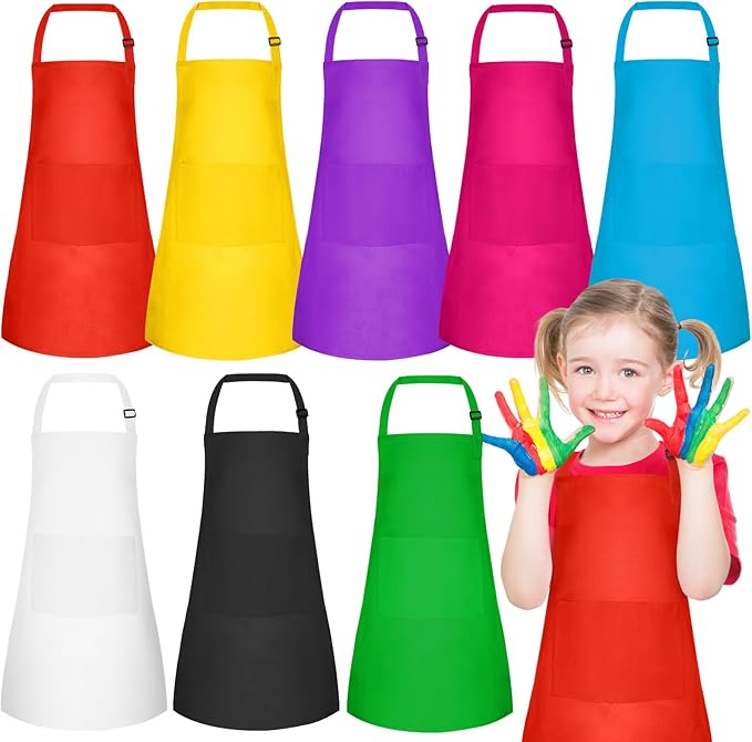 PLULON 8 Pcs Kids Aprons with 2 Pockets Painting Aprons for Kids Aprons Bulk, Paint Apron Adjustable Children Chef Aprons for Girls Boys Painting Baking Cooking Crafting - 8 Colors