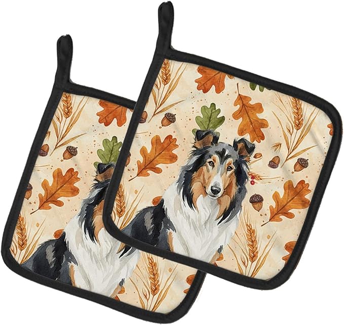 Caroline's Treasures Tricolor Collie Heirloom Fall Pair of Pot Holders Pair 7.5x7.5 Quilted Insulated Hot Pads Decorative Kitchen Gift Made in USA