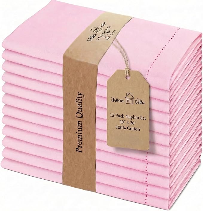 Urban Villa Pink Cloth Napkins Set of 12 | 20x20 100% Cotton | Hemstitch Dinner Napkins for Weddings, Parties & Easter