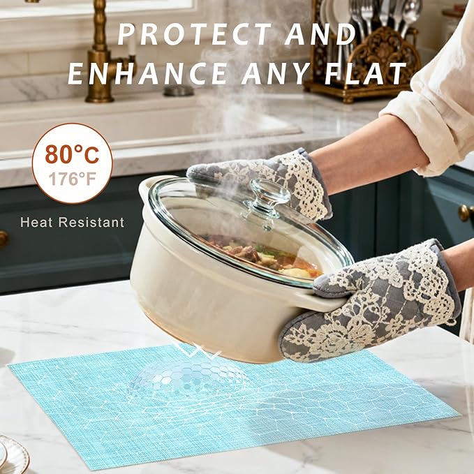 Durable Vinyl Placemats Set of 12, Non-Slip for Dining Table Mat, Heat Resistant Place Mats, Washable Anti-Slip PVC Easy to Clean Wipeable Premium Plastic Mats for Kitchen Blue