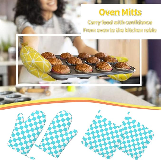 Turquoise Teal Checkered Oven Mitts and Pot Holders Sets of 4, Heat Resistant Silicone Oven Mittens and Potholders Gloves Hot Pads for Kitchen Cooking Baking Grilling BBQ Chef