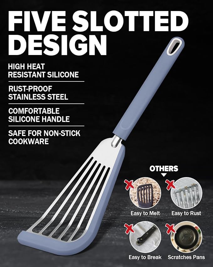 Fish Spatula Turner, Thin Slotted Spatulas for Nonstick Cookware,Silicone Edge Heat Resistant Kitchen Flipper for Fish, Egg, Pancake(Stainless Steel, 2Pack)