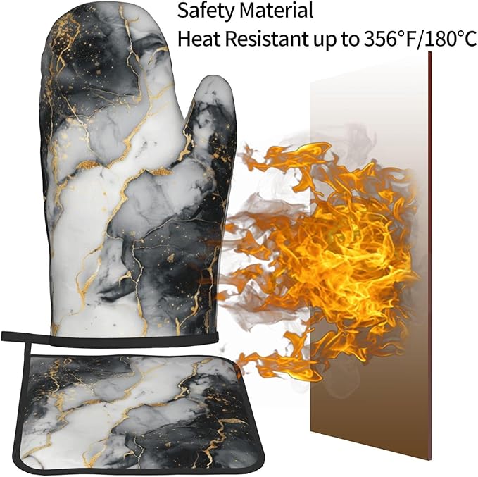 Black and White Marble Oven Mitts and Pot Holders Golden Texture Heat Resistant Oven Mitts Safe for Baking Cooking BBQ