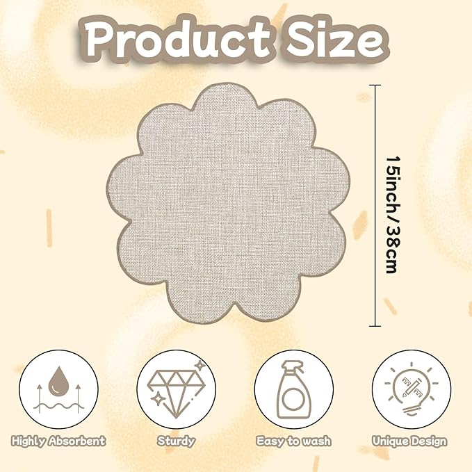 SK Studio Set of 6 Cotton Linen Placemats, 15x15 Round Scalloped Cloth Table Mats, Embroidery Double Layered Washable Dining Placemat for Hotel Restaurant Kitchen, Beige