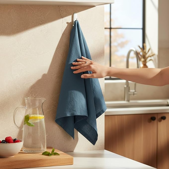 Linen Kitchen Dish Towels – 20” x 27” – 100% Pure Stonewashed Linen Hemstitch Hand Towel/Tea Towel - Set of 2 (Soft Teal Blue)