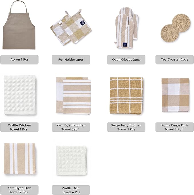 Encasa XO Kitchen Towels and Dishcloths Sets | 21 Pc Apartment Essentials Set | Oven Mitts and Pot Holders with Hanging Loop | Cooking Apron, Dish Cloth, Flour Sack and Coasters Beige Combo