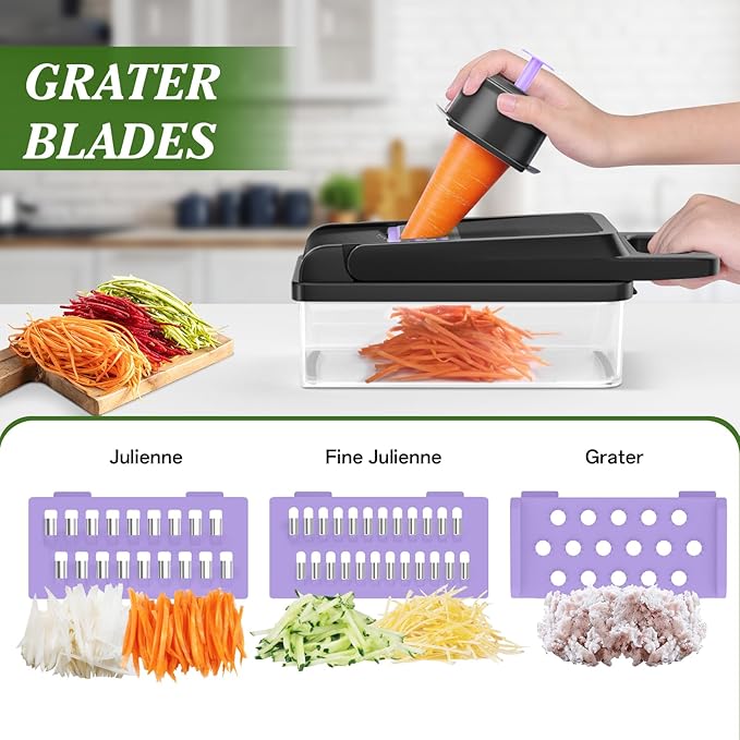 HomeHacks Vegetable Chopper Vegetable Cutter, 15 in 1 Kitchen Gadget, Dicer, Slicer, Onion Cutter, Salad, Cheese Grater & Egg Separator - Multi-Functional Veggie Chopper Lid with Handle (Purple)