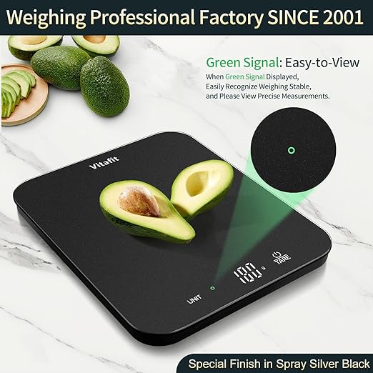 Vitafit 33lb/15kg Digital Food Scale in High Precision 0.1oz/1g, Our Own Kitchen Scale Professional Factory Since 2001, Kitchen Essentials for Cooking & Baking, LED, 3*AAA Battery, Spray Silver Black