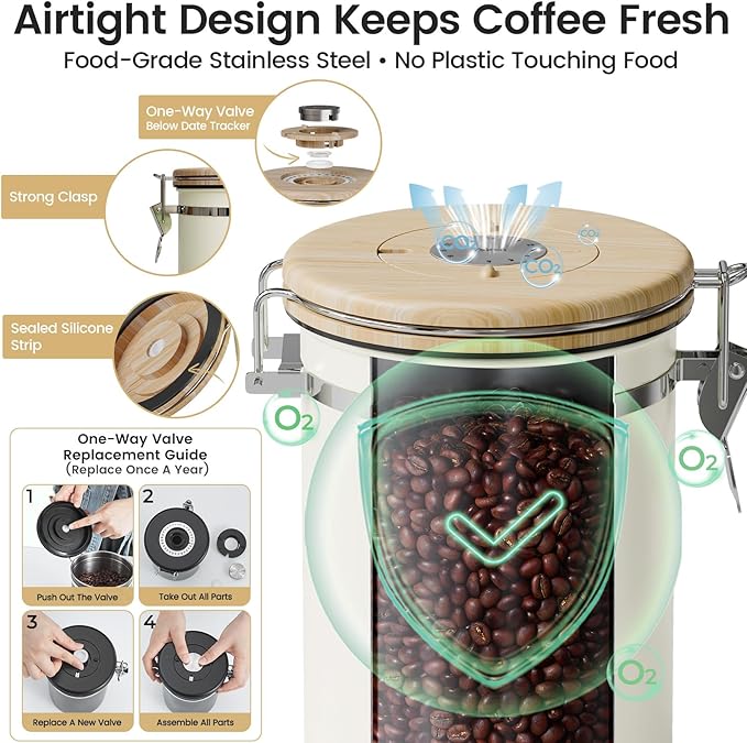 Veken Coffee Sugar Canister with Window, Coffee Lover Gift Set,Airtight Stainless Steel Kitchen Food Storage Container Gifts, Date Tracker & Scoop for Grounds Coffee,Beans,Tea,Flour,Cereal,22OZ,Cream