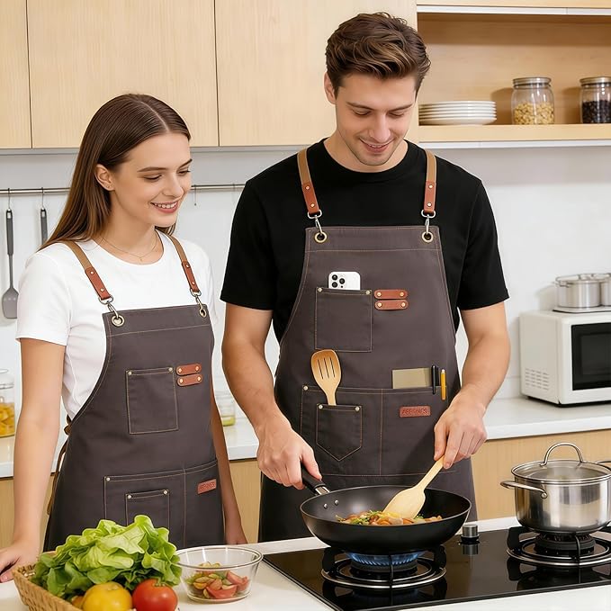 Chef Aprons for Men Women with 4 Large Pockets, Cotton Canvas Cross Back Adjustable Apron for Work grilling kitchen gardening