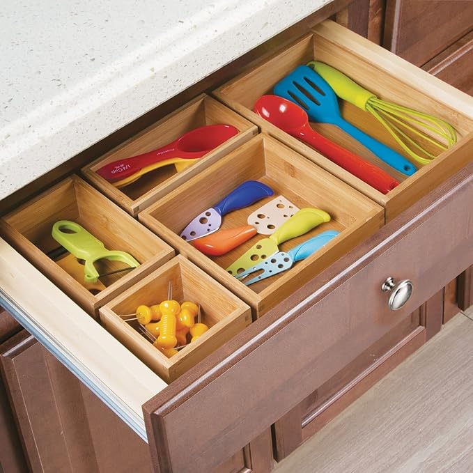 mDesign Bamboo Wood Kitchen Cabinet Drawer Organizer Tray Bins - Multipurpose - Use in Drawers, on Countertops, Shelves or in Pantry - Varied Sizes - Echo Collection - Set of 5 - Natural