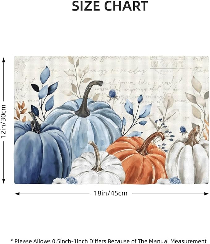 Fall Placemats Set of 4 Blue Orange Pumpkin Leaves Decor Place Mats 12x18 Inch Autumn Leaf Harvest Thanksgiving Decorative Linen Table Mats for Home Kitchen Dining Party Table Decoration