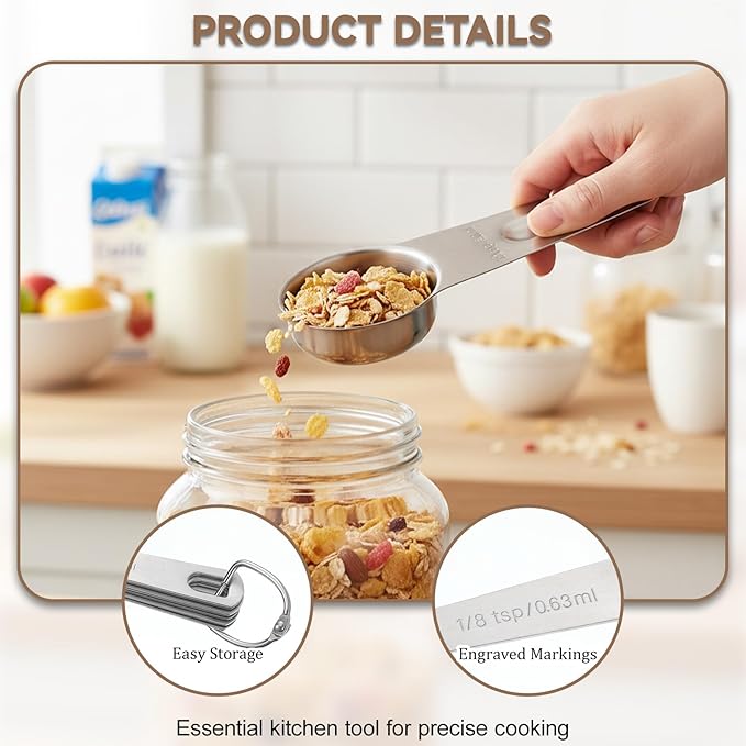 Set of 17 Measuring Cups and Spoons Set Stainless Steel Cup and Spoon Stainless Steel Nesting Measuring Cups and Spoons for Cooking & Baking, Silver