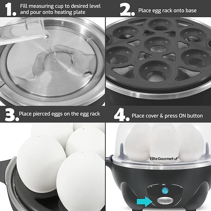 Elite Gourmet EGC710DKG Rapid Egg Cooker, 7 Easy-To-Peel, Hard, Medium, Soft Boiled Eggs, Poacher, Omelet Maker, Auto Shut-Off, Alarm, 16-Recipe Booklet, BPA-Free, Ash