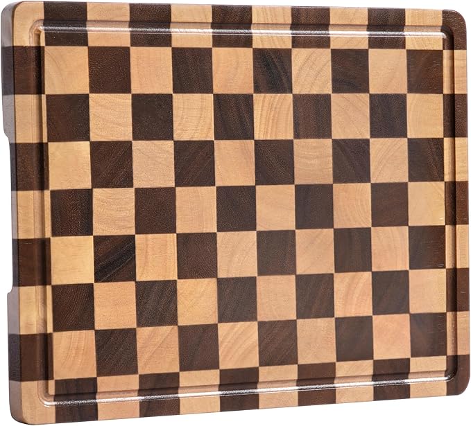 Checkerboard Cutting Boards for Kitchen, Acacia Wooden Cutting Board, End Grain Chopping Board with Juice Groove, Serving Tray for Meat, Vegetables, Fruits, Bread, Cheese, 14" X 11" X 0.8"