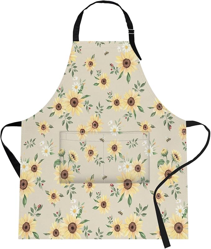 Britimes Sunflower Flower Summer Vintage Spring Apron Home Kitchen Cooking Baking Gardening for Women Men with Pockets 32x28 inch