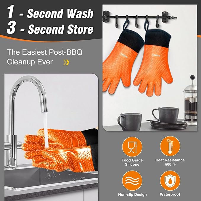 Walfos Silicone BBQ Gloves - Heat Resistant Grilling Gloves Set with Pork Shredder Claws & Brush, Non-Slip Kitchen Silicone Oven Mitt with Protective Cotton Layer, Suit for Indoor & Outdoor, Orange