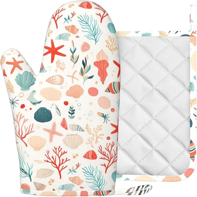 Cartoon Starfish and Shells Oven Mitts and Pot Holders Sets Silicone Kitchen Mitts Potholders Heat Resistant Oven Gloves Hot Pads for Kitchen Baking Cooking BBQ