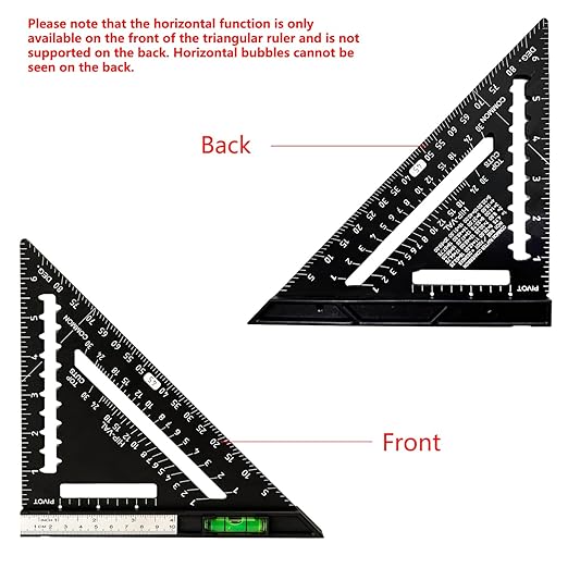 Beslands 7 inch Rafter Square with Level, Aluminum Metal Triangle Ruler Carpenter Square Woodworking Layout Tool Aluminum Triangle Tool Stainless Steel Ruler (Black)