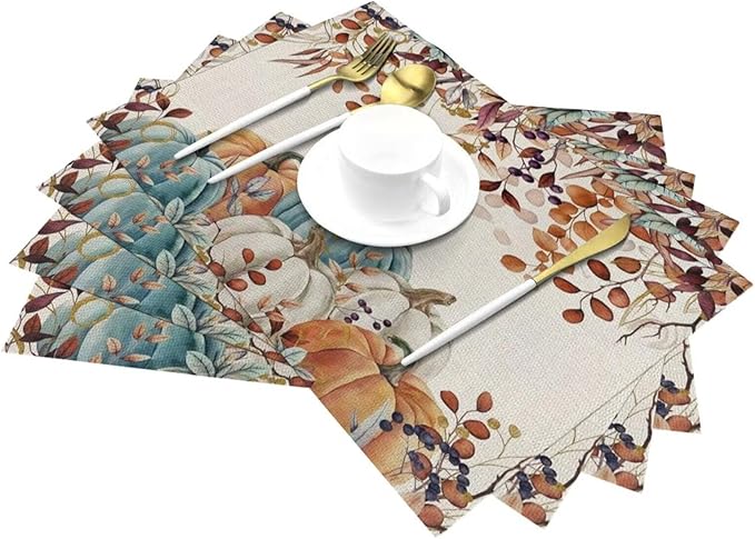 Fall Harvest Placemats 12x18 Inch Set of 4, Thanksgiving Pumpkin Table Place Mat Autumn Maple Leaves Washable Table Mats Decorative Linen Fabric Table Mat for Dining Table