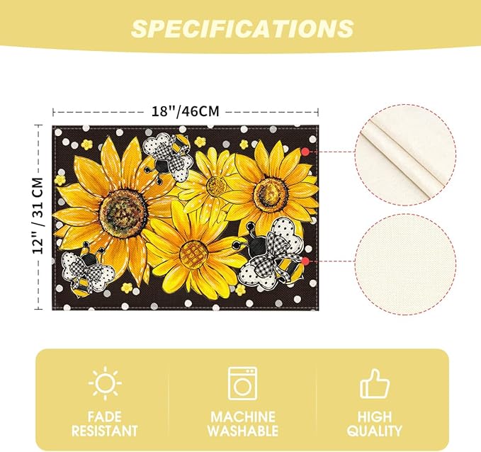 Artoid Mode Black Sunflower Bee Flower Polka Dot Summer Placemats Set of 4, 12x18 Inch Table Mats for Table Runner Party Kitchen Dining Decoration