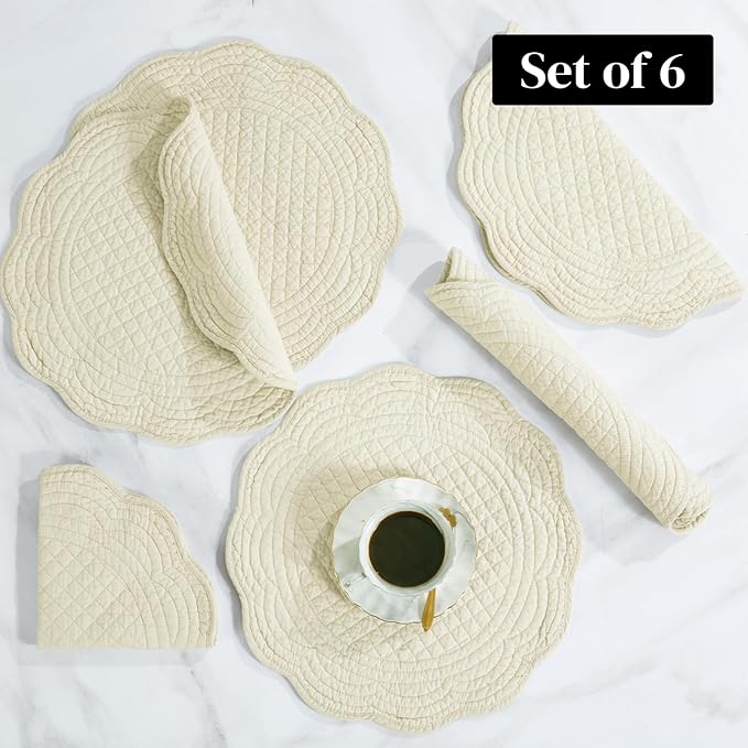 HOMBYS Quilted Placemats Set of 6 Washable Round Placemats for Kitchen Table-100% Cotton Fabric 15 Inch Round Table Mats, Cotton Fabric with Microfiber Filling, (15"x15", Flax)