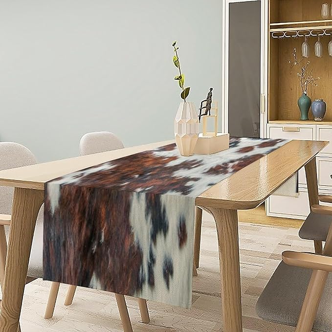 Cow Skin Print Table Runner, Rustic Cottage Country Farm Animal Fur Skin Western Style Brown Cowhide Print Dinner Runner for Home Kitchen Dining Table Decoration 13"x60"