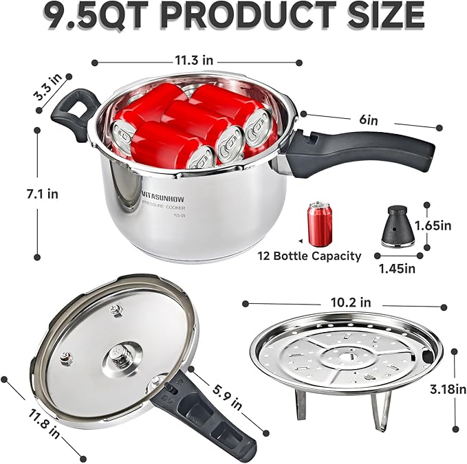Stainless Steel Pressure Cooker with Steamer Basket, Faster Cooking and Safety Pressure Release (9-Liter)