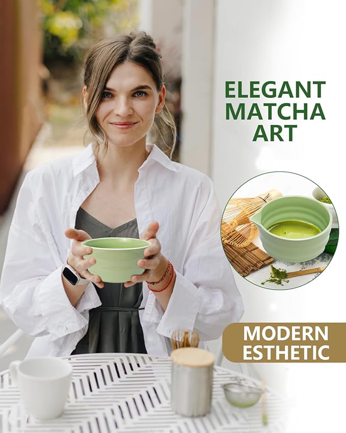 Taruzil Matcha Whisk Set with Matcha Bowl, Matcha Bamboo Whisk, Scoop, Sifter, Matcha Kit Holder Unique Gifts for Women Men Girl Friend Home Kitchen Decor Gifts for Christmas, Birthday（Light Green）