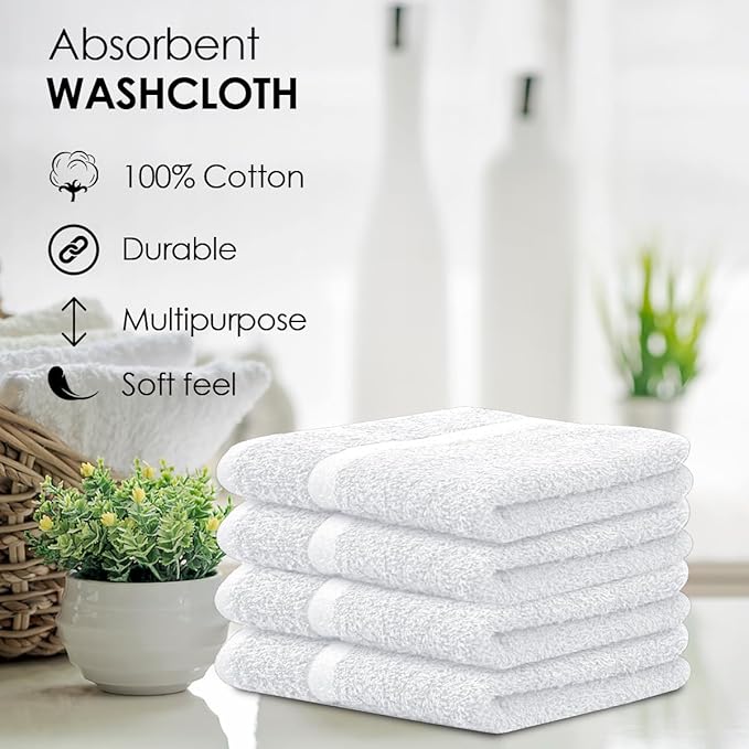 Avalon Towels Cotton Washcloths – (Pack of 36) Size 12x12 Inches, 100% Ring Spun Cotton, Absorbent, Soft Face Towels, Gym Towels, Hotel and Spa Quality, Reusable Fingertip Towels (White)