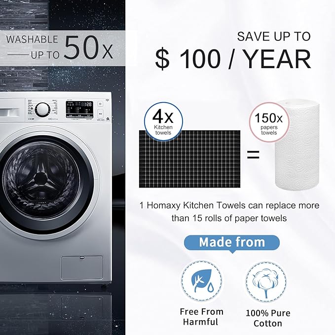 Homaxy 100% Cotton Kitchen Towels 4 Pack-15 X 25 Inches, Check Design Waffle Weave Hand Tea Towels, Super Soft and Absorbent Dish Towel for Drying Dishes, Black&White