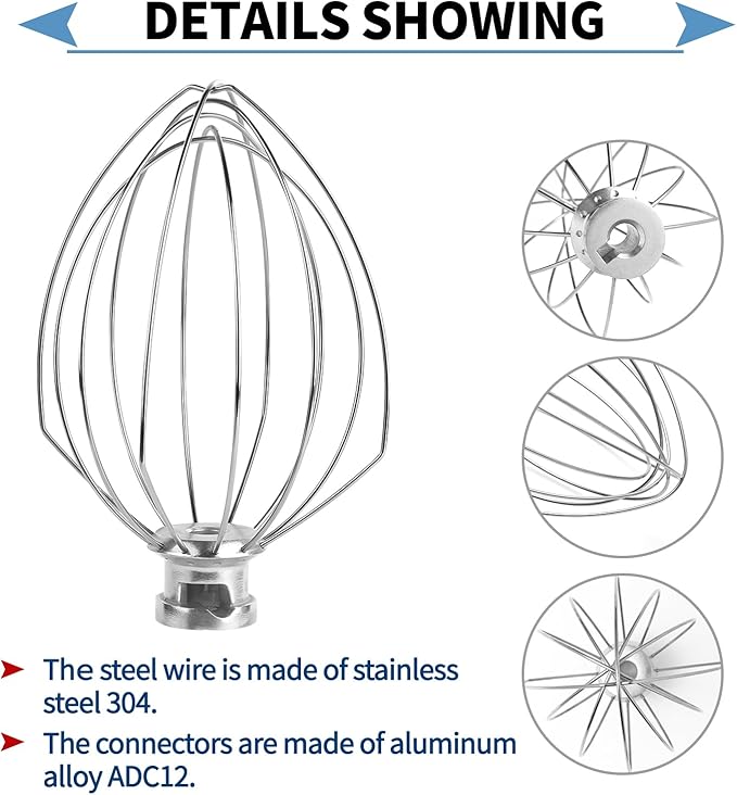 6 Wire Whisk Attachments Compatible with KitchenAid 5Plus-6Quart Mixer, Bowl Lift Stand Mixer Accessories, 6-Quart Stainless Steel Whisk, Egg Cream, Cake Mayonnaise, For Multiple Models