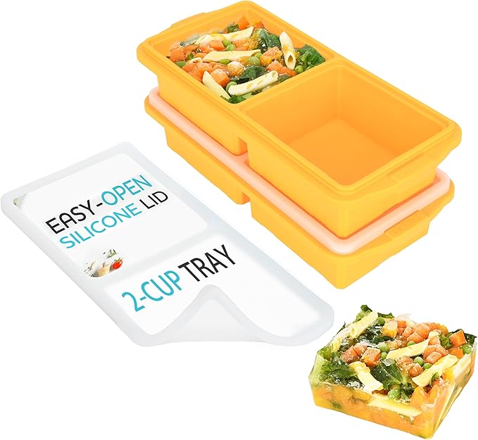 XOMOO Silicone Freezer Tray With Lid-Soup Freezer Container molds-2-cup Extra Large Ice Cube Tray-makes 4 perfect 500ml portions cubes, For freezing soup,stews,sauces.Oven&Dishwasher-Safe(2-Pack)