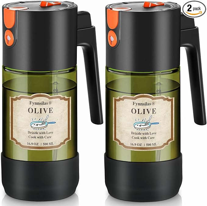 2-IN-1 Oil Sprayer for Cooking with 8 Stickers Light-Blocking Dark Glass Olive Oil Dispenser Bottle for Kitchen 500ml/16.9oz Oil Mister for Air Fryer, BBQ,Salad Even Spray with Portion Control-2PC