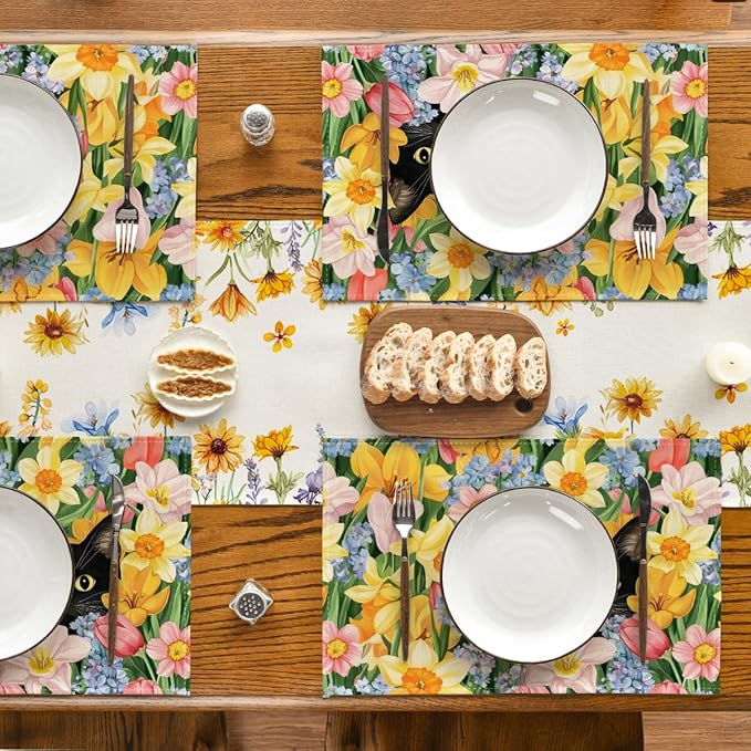 Artoid Mode Tulip Flowers Cat Spring Placemats Set of 4, 12x18 Inch Seasonal Summer Holiday Table Mats for Party Kitchen Dining Decoration