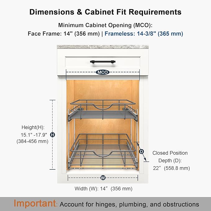 2 Tier Pull Out Cabinet Organizer - 14" W x 22" D Soft Close Slide Out Shelves with Shelf Liners - Pullout Drawers for Kitchen Cabinets, Pantry, Bathroom, Heavy Duty Steel Wire Baskets