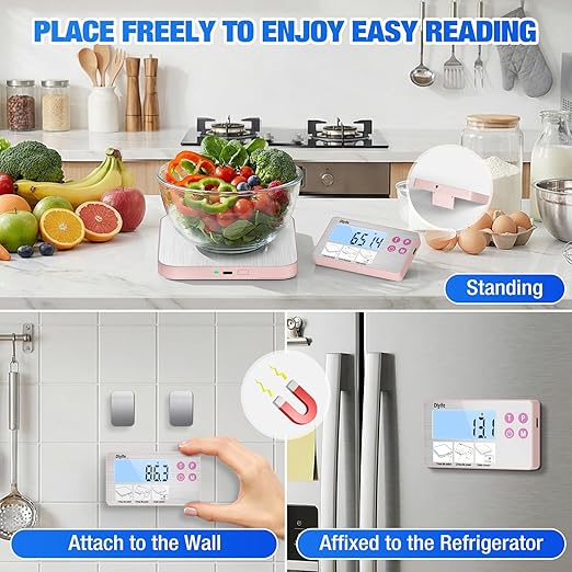 33lb Rechargeable Kitchen Scale, Diyife 304 Stainless Steel Food Scale with Detachable Display, 1g/0.1oz Precise Graduation, Magnetic, Backlit LCD, Tilt Stand, for Baking, Cooking, Meal Prep (Pink)