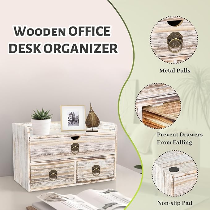 Wood Desk Organizer with Drawer, Vintage Brown Wooden Desktop Organizer, Tabletop Storage Organization Box for Countertop, Home Office Supplies, 13.5x6.6x8.2 Inch(3 Drawer and Shelf)