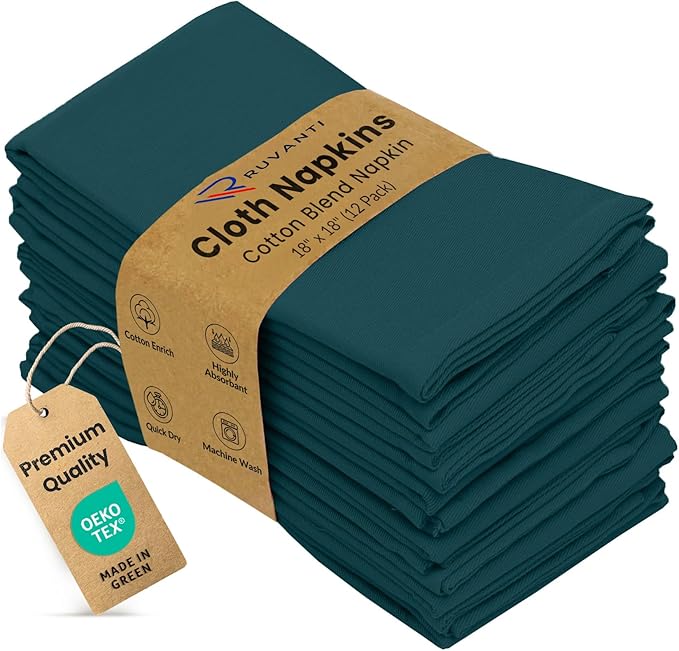 Ruvanti Cloth Napkins Set of 12, 18x18 Inches Napkins Cloth Washable, Soft, Durable, Absorbent, Cotton Blend. Table Dinner Napkins Cloth for Thanksgiving, Halloween Dinners Parties - Deep Teal