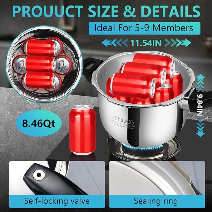 Premium 8.46 Quart Stainless Steel Pressure Cooker, Quality Crafted Kitchen Cookware, Professional Performance, Durable Design for Daily Family Cooking