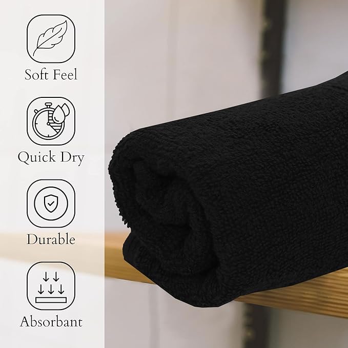 GOLD TEXTILES Premium Hand Towels for Bathroom -100% Ring Spun Cotton (Black,4 Pack, 16x30 Inches) Luxury Soft Absorbent & Quick Dry, Bathroom Hand Towel Perfect for Hotel, Salon, Gym & Spa