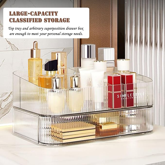 Makeup Organizer with Drawers, Stackable Cosmetics Organizer, Large Make Up Organizer Storage Box, Ideal for Bathroom Countertop and Desk (1 x Drawer, Clear)