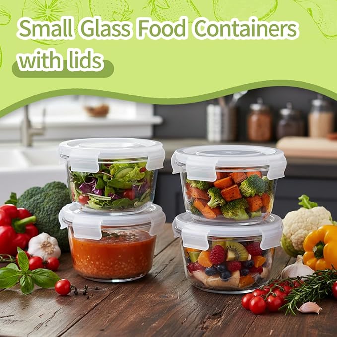 H.JSS WDJS2Cup Glass Soup Container with Airtight lids, 16oz Round Glass Food Storage Container, Round Food Bowls BPA free, Leakproof Soup Container, Dishwasher Microwave & Freezer Safe (8 Pack)
