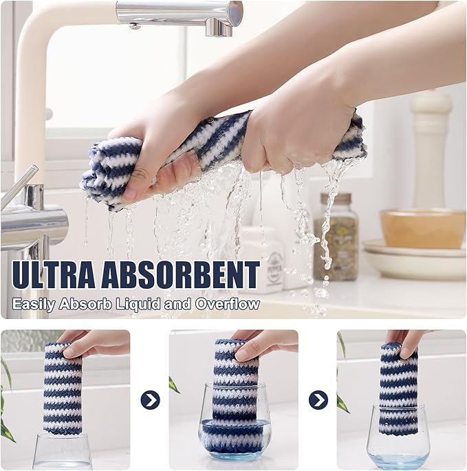 Homaxy 18 Pack Kitchen Dish Cloths, Ultra Soft and Absorbent Dish Towels, Reusable Fast Drying Microfiber Cleaning Cloth, Coral Velvet Wave Design No-lint, 10 x 10 inches, Navy Blue