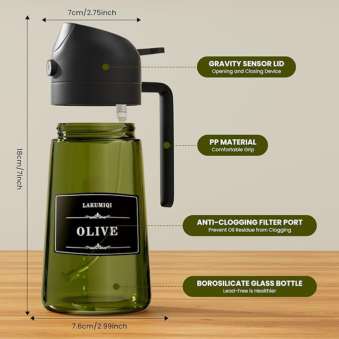 LAKUMIQI 2 in 1 Oil Sprayer for Cooking, 16oz Olive Oil Dispenser Bottle for Kitchen, Food Grade Light-Blocking Leak Proof Glass Spray Bottle for Salad, Air Fryer, BBQ