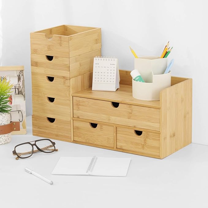 Wisuce Bamboo Desk Drawer Organizer, Desktop Organizer with Drawers Tabletop Storage Organization Box for Office Home Toiletries Supplies Vanity, No Assembly Required(1 with shelf-3 Drawers)