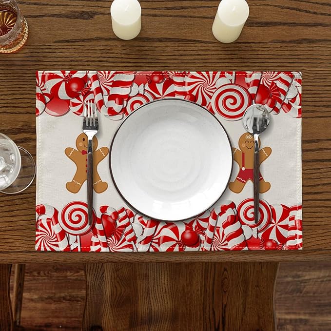 Ansouyi Placemats Set of 6, Christmas Candy Cane and Gingerbread Man Washable Heat Resistant Linen Table Mats, Kitchen Decor Non-Slip Place Mats for Party Dining, 12x18 Inch