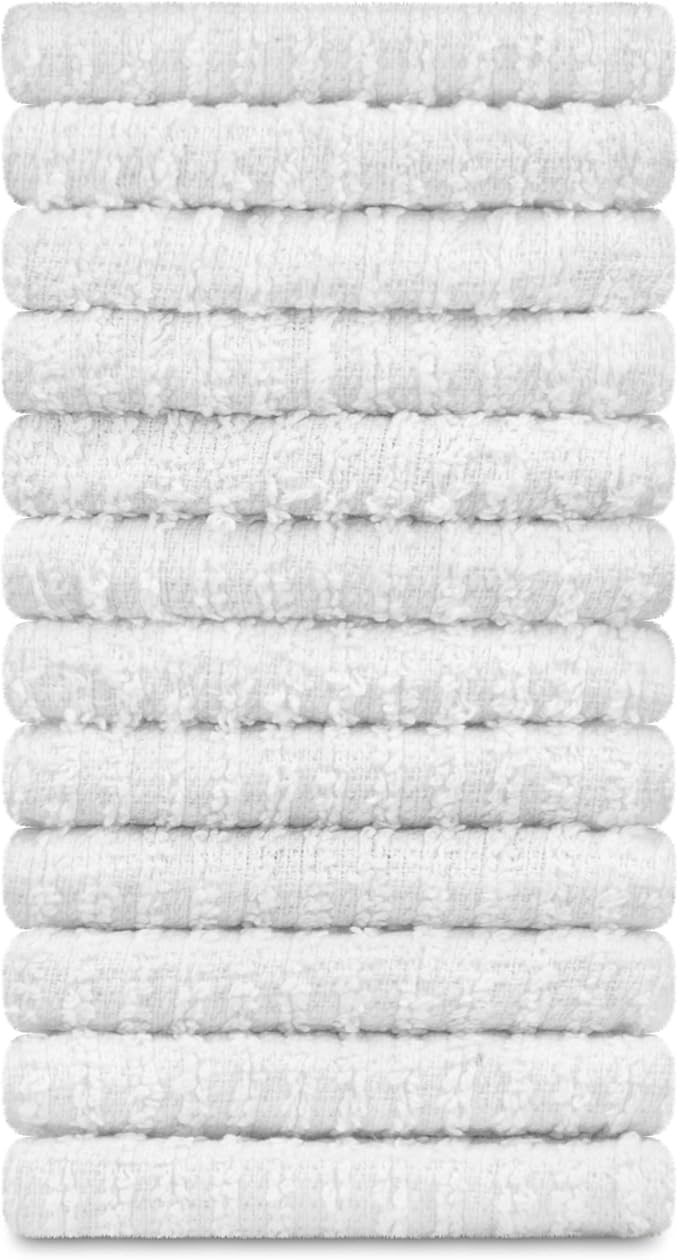 DecorRack 12 Pack 100% Cotton Kitchen Towels for Cleaning, 12 x 12 inch, Ultra Absorbent Bar Mops, Heavy Duty, Quick Dry, Machine Washable Dish Towels, Multi-Purpose Cleaning Supplies, White (12 Pack)